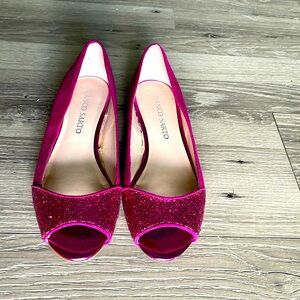 Franco Sarto hot pink sequin suede flat wedge shoes